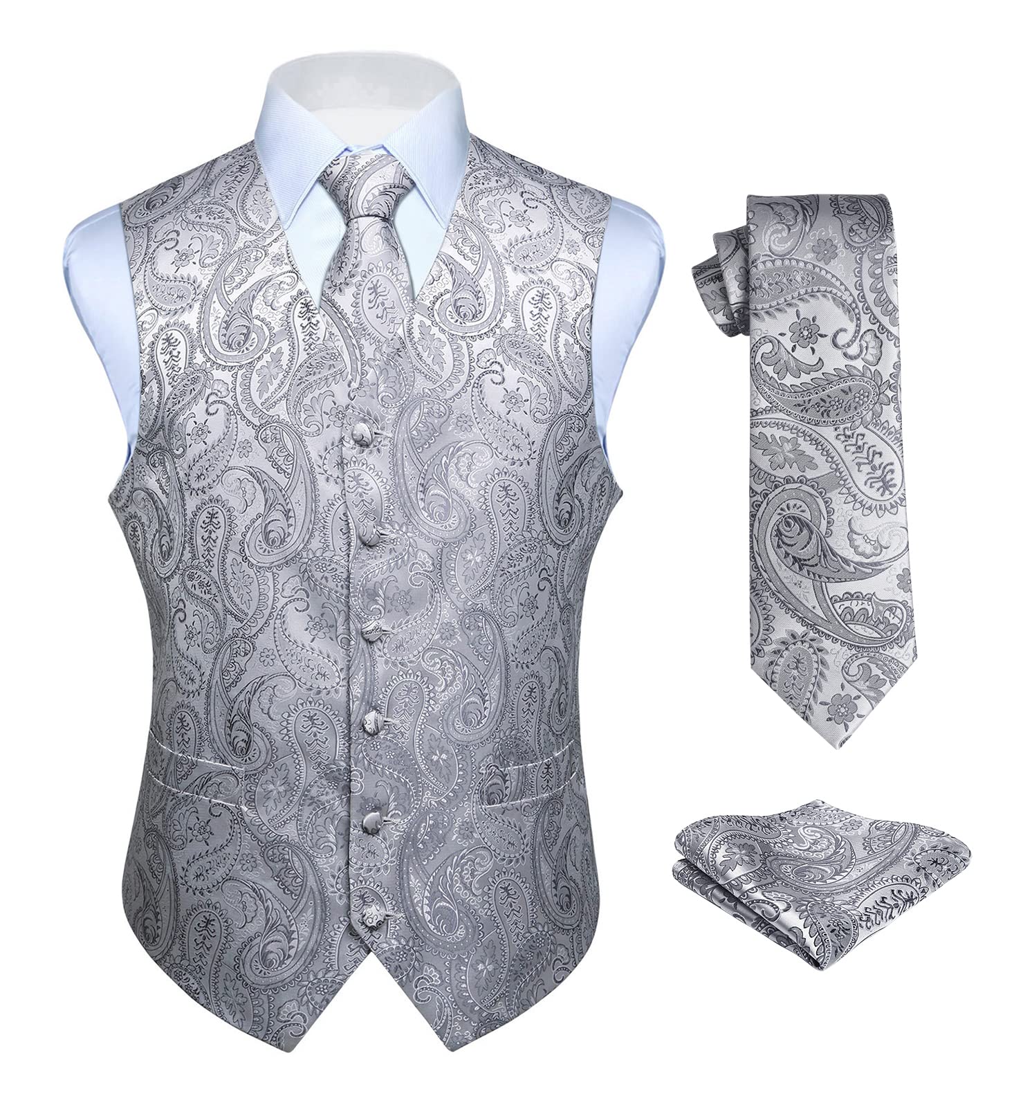 Hisdern Men's Floral Wedding Waistcoat, Tie and Handkerchief Set, Jacquard Waist