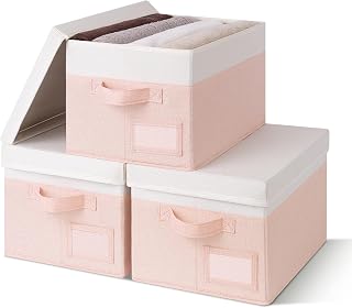 GRANNY SAYS Clothes Storage Boxes with Lids, Pack of 3 Pink Storage Boxes with Lid, Wardrobe Box Organiser, Fabric Baskets for Shelves, Foldable Box for Bedroom Organising Clothes Toys