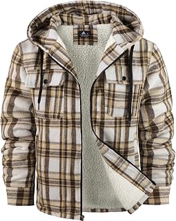 ZITY Mens Flannel Hooded Jacket Fleece Sherpa Lined Plaid Zip Up Sweatshirt