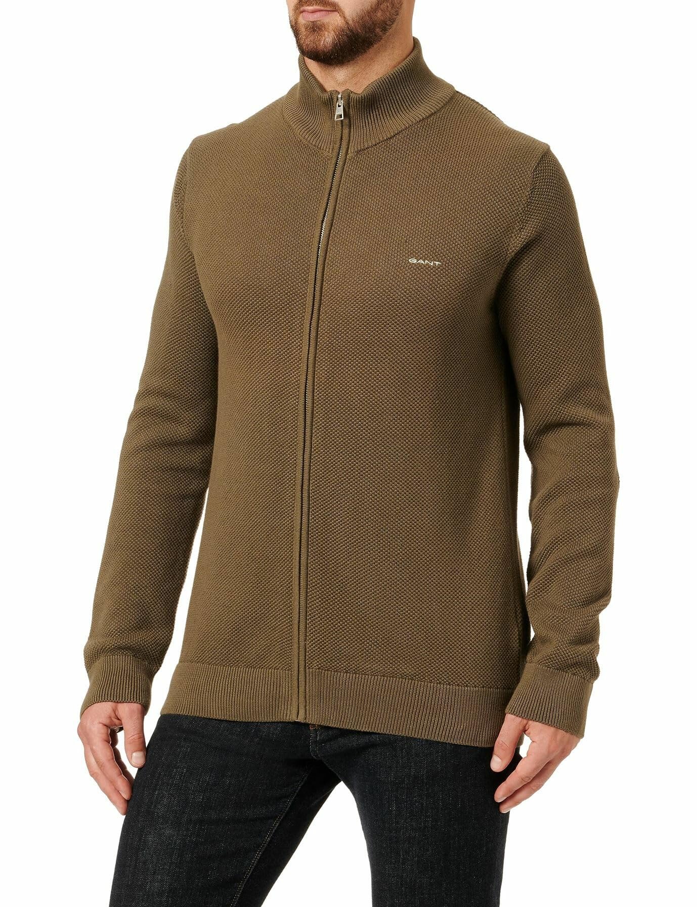 GANT Cotton Pique Zip Cardigan Suter Pulver Hombre
