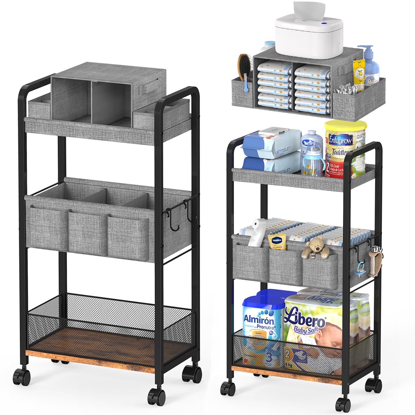 2In1 Baby Diaper Caddy & 3-Tier Rolling Diaper Cart, Caddy Organizer Cart with D