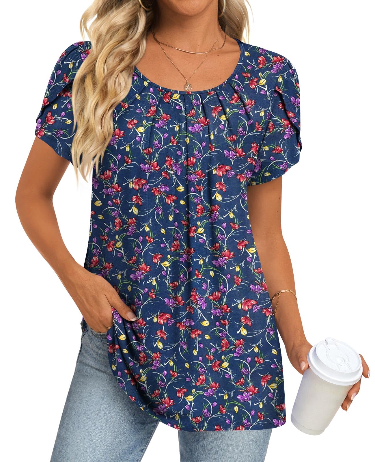 Anymeet Womens Tops 2026 Spring Summer Tunic Short Sleeve Casual Shirts Pleated 
