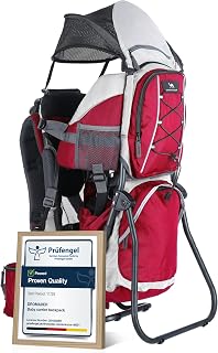 DROMADER Baby Carrier Backpack | Toddler Hiking Carrier with Sun Canopy | Aluminium frame · 3D Opti-Fit carrying system · Sun canopy, rain cover & changing mat · Up to 22 kg · Red