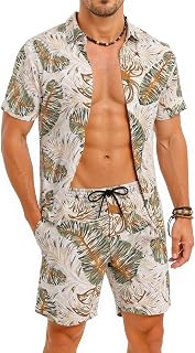 Men's Short Set 2 Piece Beach Suit Short Sleeve Drawstring Shirt