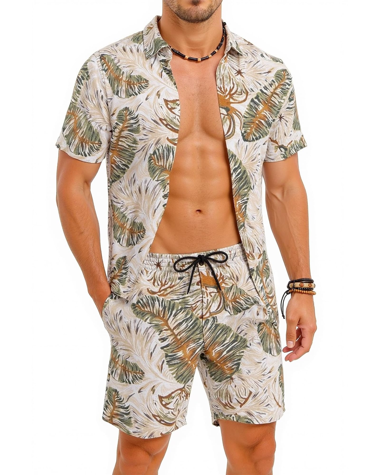 Men's Short Set 2 Piece Beach Suit Short Sleeve Drawstring Shirt