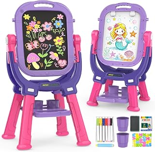 Kids Easel for Toddler Age 2-4 Magnetic Double-Sided Drawing Board Gifts | Adjustable Standing Chalkboard & Whiteboard with Painting Accessories, Christmas Birthday Gift for 3 4 5 Year Old Boys Girls