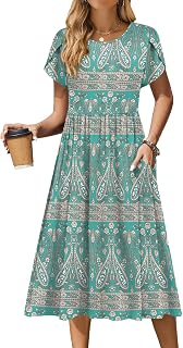 Zeagoo Women Summer Midi Dress Short Sleeve Casual Pockets Aline Flowy Tshirt Dress Floral Vocation Beach Sundress
