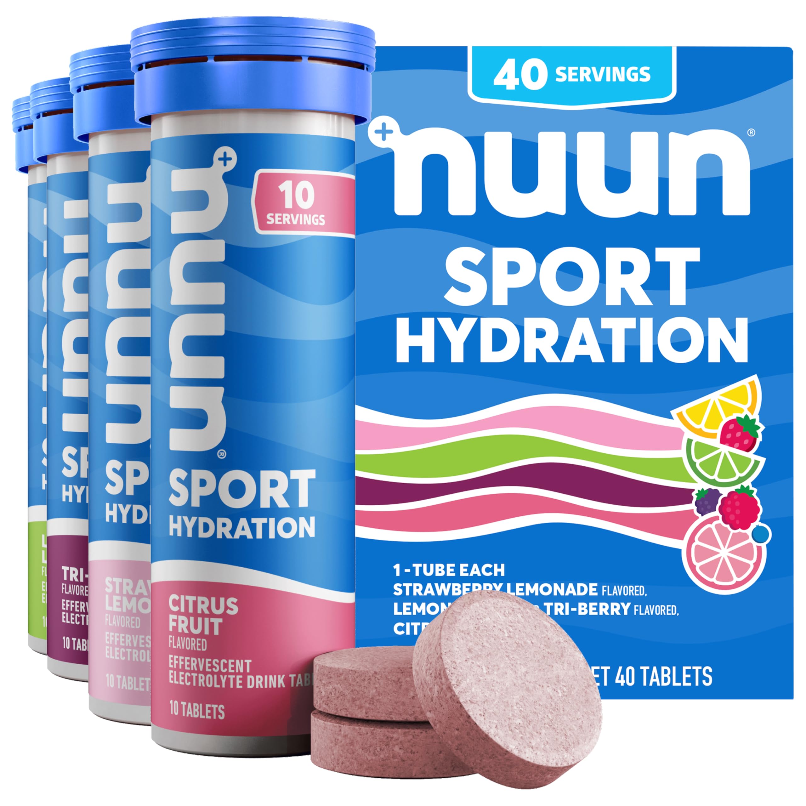 Nuun Sport Electrolyte Tablets Mixed Flavor, GF & Vegan, 4 Pack | 40 Servings wi