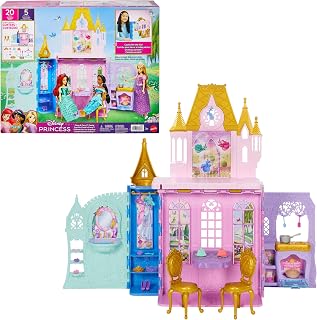 ​Mattel Disney Princess Portable Close & Carry Castle Playset | Foldable Doll House Playset with 5 Play Areas, 20 Furniture Pieces and Accessories, and Storage for On-the-Go Fun