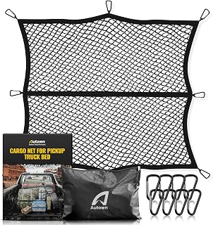 AUTOWN Cargo Net for Pickup Truck Bed with 8 Metal Carabiners & Storage Bag | Stretchable from 4'x4' to 7'x7', High Elastic Fine Mesh 1''x1'', Ideal for ATV, SUV, UTV, Truck and Boat Use, Single Layer
