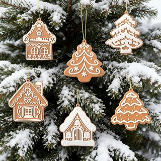 6 Pcs Gingerbread Hanging Ornaments Brown House and Tree for Indoor, Party Favors, Winter Home and Festive Christmas Tree, DIY Crafts