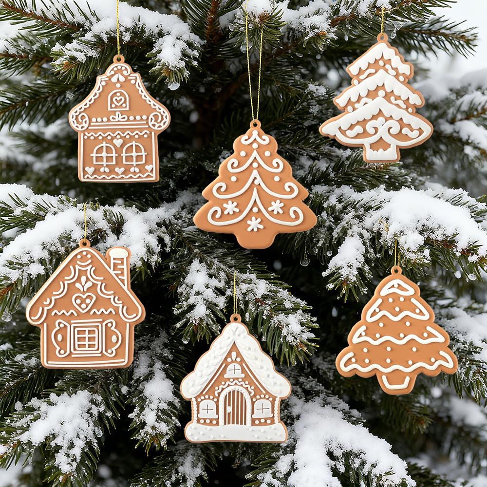 6 Pcs Gingerbread Hanging Ornaments Brown House and Tree for Indoor, Party Favor
