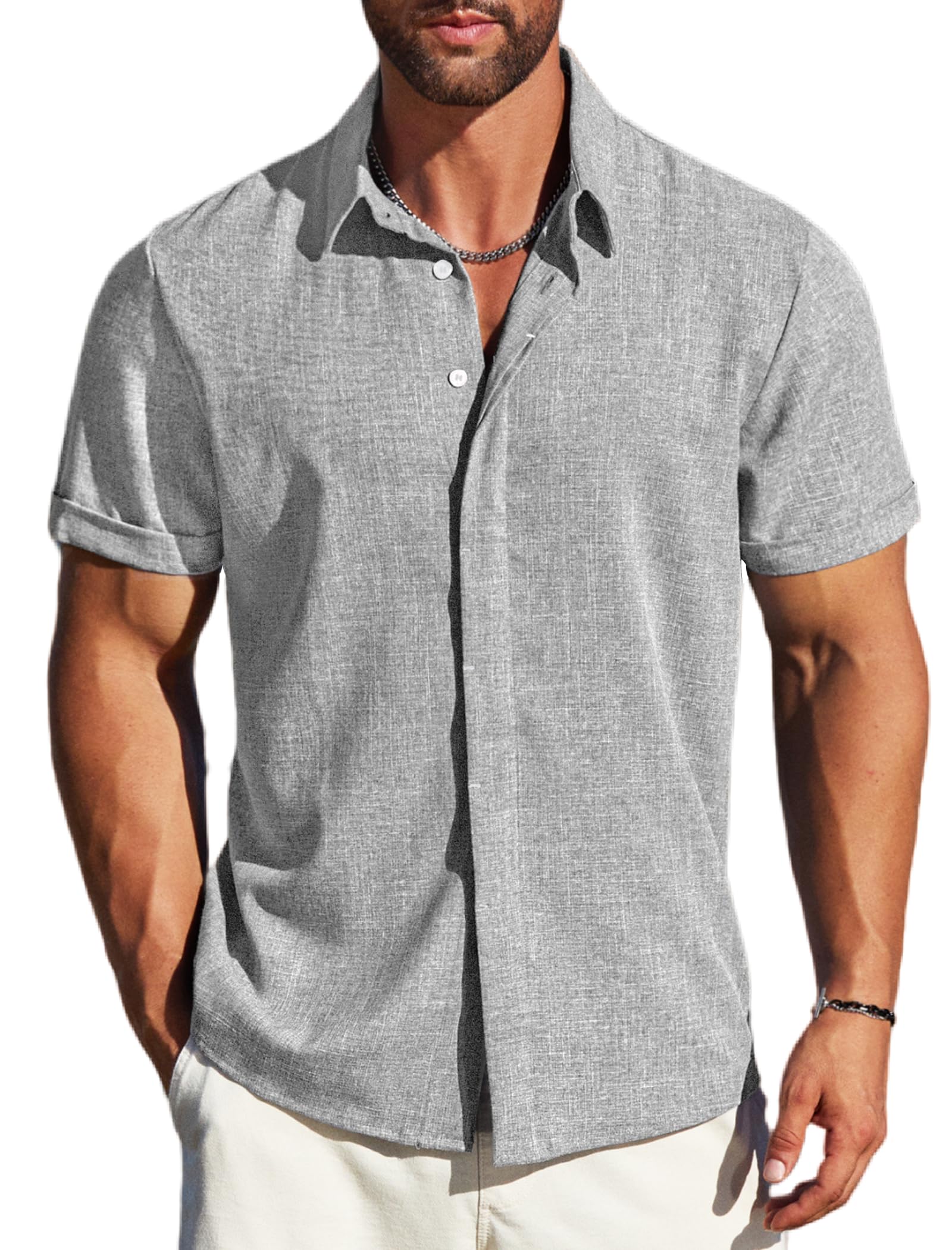 MAPICK Mens Linen Shirts Short Sleeve Button Down Shirt Casual Untucked Fit