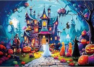 PuzzOne Halloween Puzzles for Adults 1000 Pieces Horror Haunted House | Halloween Night Castle Jigsaw Puzzle with Letters Spooky Scene with Pumpkins and Girls for Gifts Decor Dust Free, 27.5"x19.7"