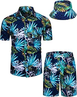 TUNEVUSE Men's Hawaiian Shirts and Shorts Set 2 Pieces Flower Print Beach Suits Summer Tropical Suit with Bucket Hats