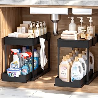 DEKAVA Under Sink Organizer 2 Pack, Bathroom Organizers, 2 Tier Sliding Cabinet Basket Organizer Drawer, Multi-Purpose Bath Collection Baskets for Bathroom (Black)