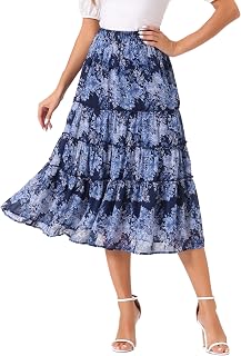 Allegra K Women's Floral Skirt Chiffon A-line Long Tiered Ruffle Maxi Skirt