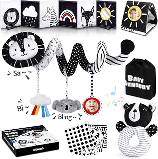 Joyreal Spiral Pram Toys for Babies - Black and White High Contrast Newborn Toy, Car Seat, Rattles, Sensory Cards, Baby Books 0-12 Months Gifts for Girls Boys