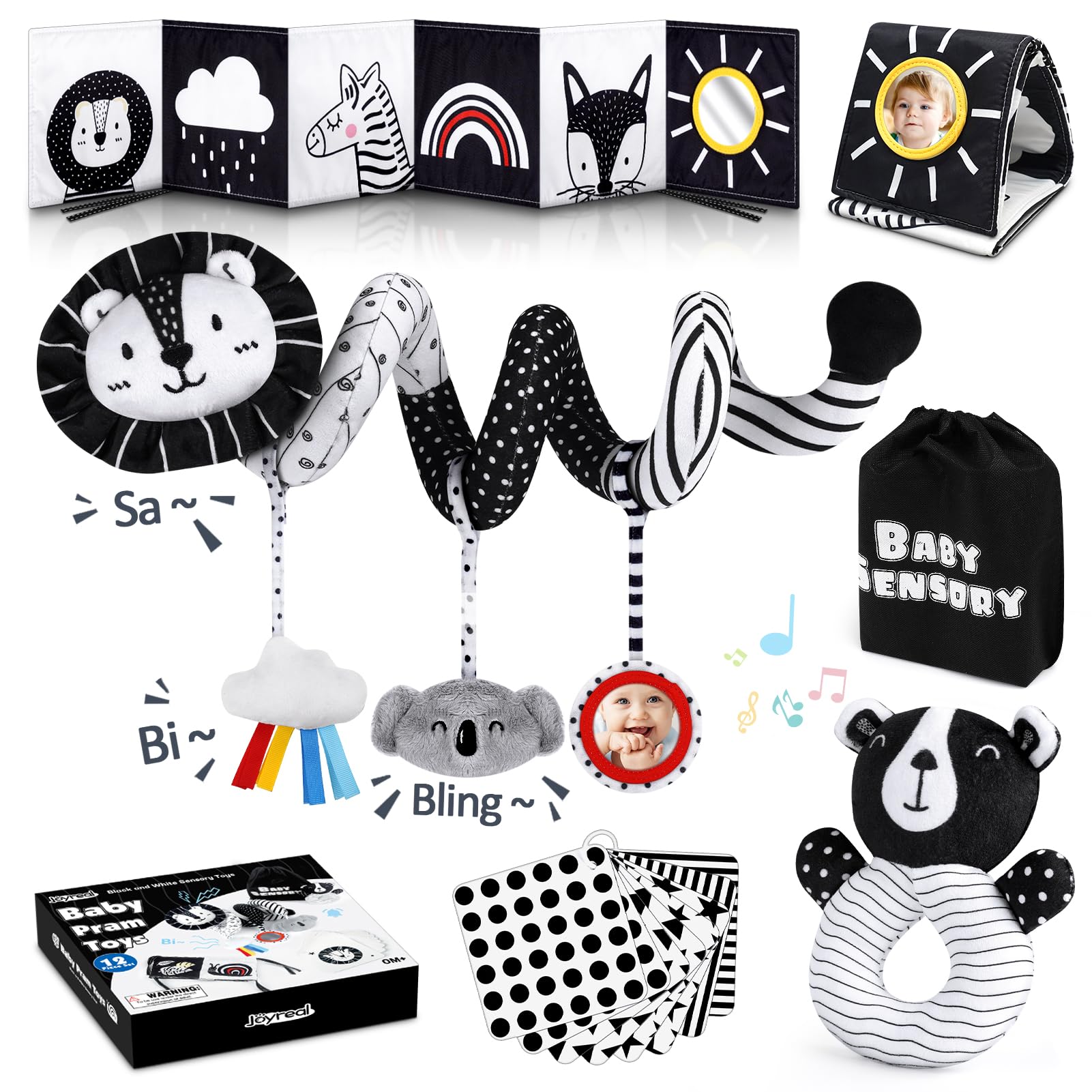 Joyreal Spiral Pram Toys for Babies - Black and White High Contrast Newborn Toy,