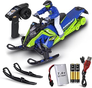 NKOK Polaris® Switchback Assault RC Snowmobile (RTR) - 2.4GHz, 7.4V Rechargeable Battery, Interchangeable Skis & Working Headlights – Green/Blue