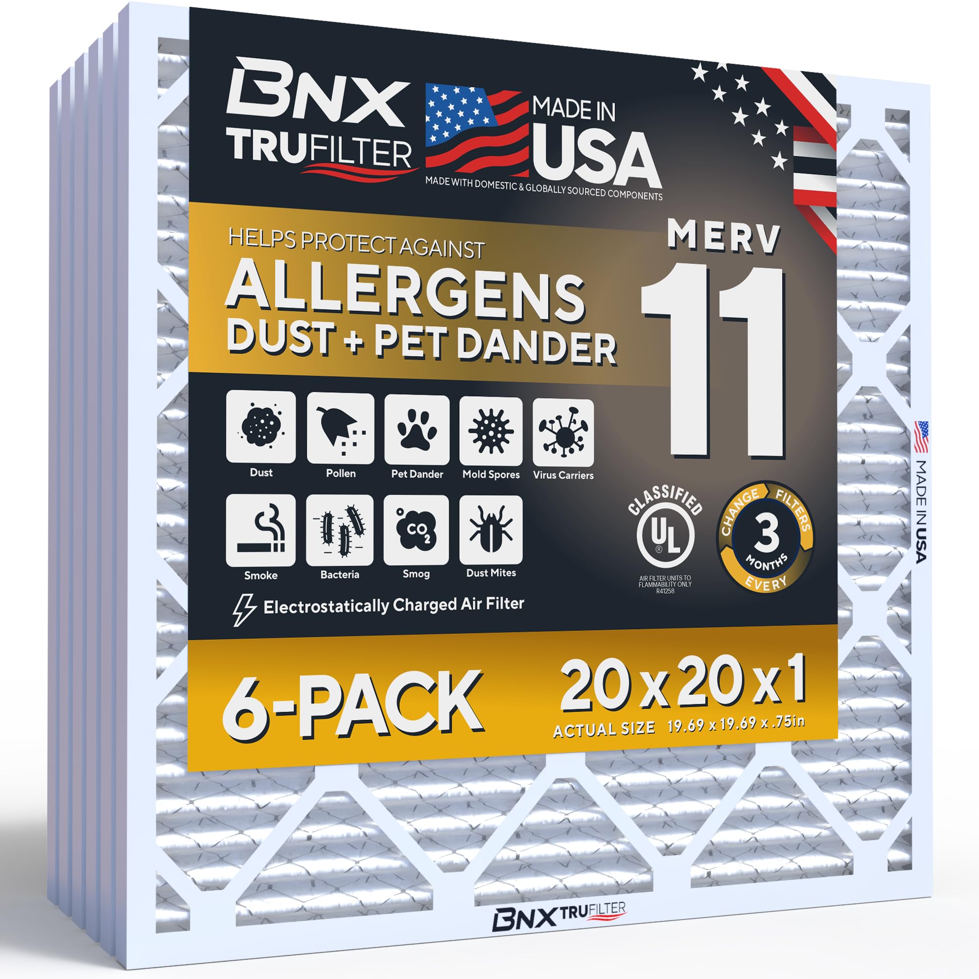 BNX TruFilter 20x20x1 Air Filter MERV 11 Allergy, Dust & Pet Defense 6-Pack | Ac