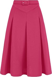 Allegra K Women Office Work Belted Waist Midi A-Line Pleated Skirt