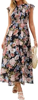 BerryGo Womens Boho Floral Maxi Dress Ruffle Sleeve Chiffon Flowy Wedding Guest Dress Smocked Waist Modest Western Dress