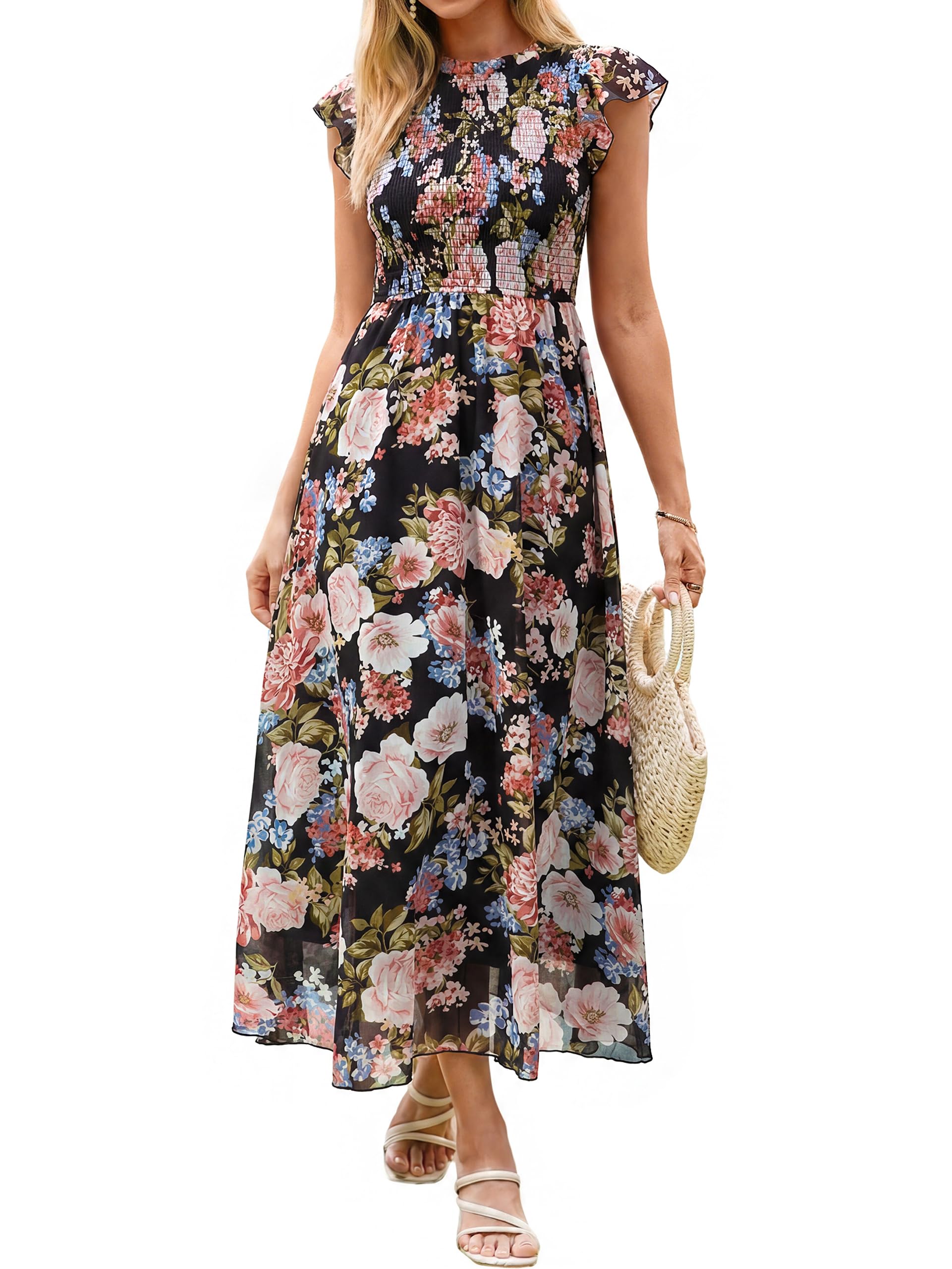 BerryGo Womens Boho Floral Maxi Dress Ruffle Sleeve Chiffon Flowy Wedding Guest 