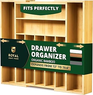 ROYAL CRAFT WOOD Luxury Bamboo Kitchen Drawer Organizer for Kitchen Organization - Silverware Organizer, Utensil Holder & Cutlery Tray Drawer Dividers for Flatware Silverware Storage, 9 Slot, Natural