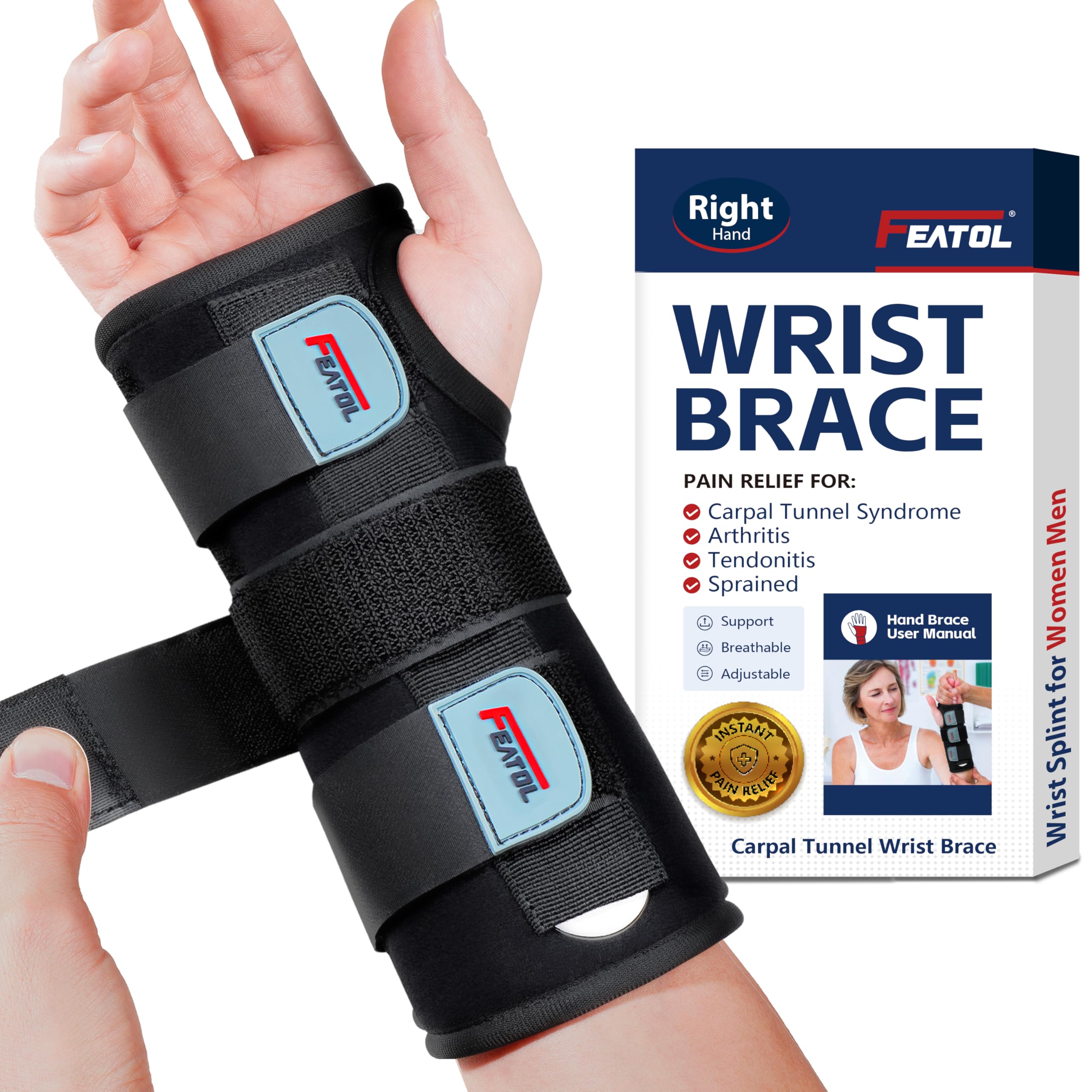 FEATOL Carpal Tunnel Wrist Brace Night Support, Adjustable Right Hand Brace | S/