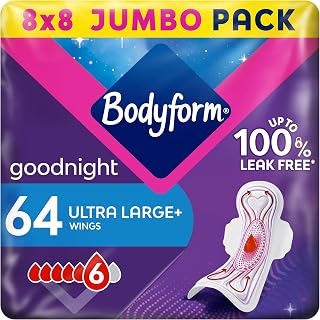 Bodyform Ultra Goodnight Sanitary Towels with Wings, 64 (8 x 8 Packs) Period Pads for Night use, SecureFit Leakage Protection, Ultra-Breathable Top Layer