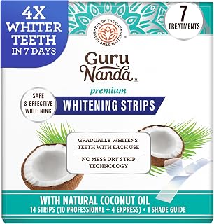 GuruNanda Teeth Whitening Strips - 4X Whiter Teeth, 7-Day Whitening Kit | Non-Slip 4 Layer Dry Strip Technology|With Coconut Oil|Promotes Brighter Smile|Gentle on Enamel|Easy to Apply Teeth Whitener