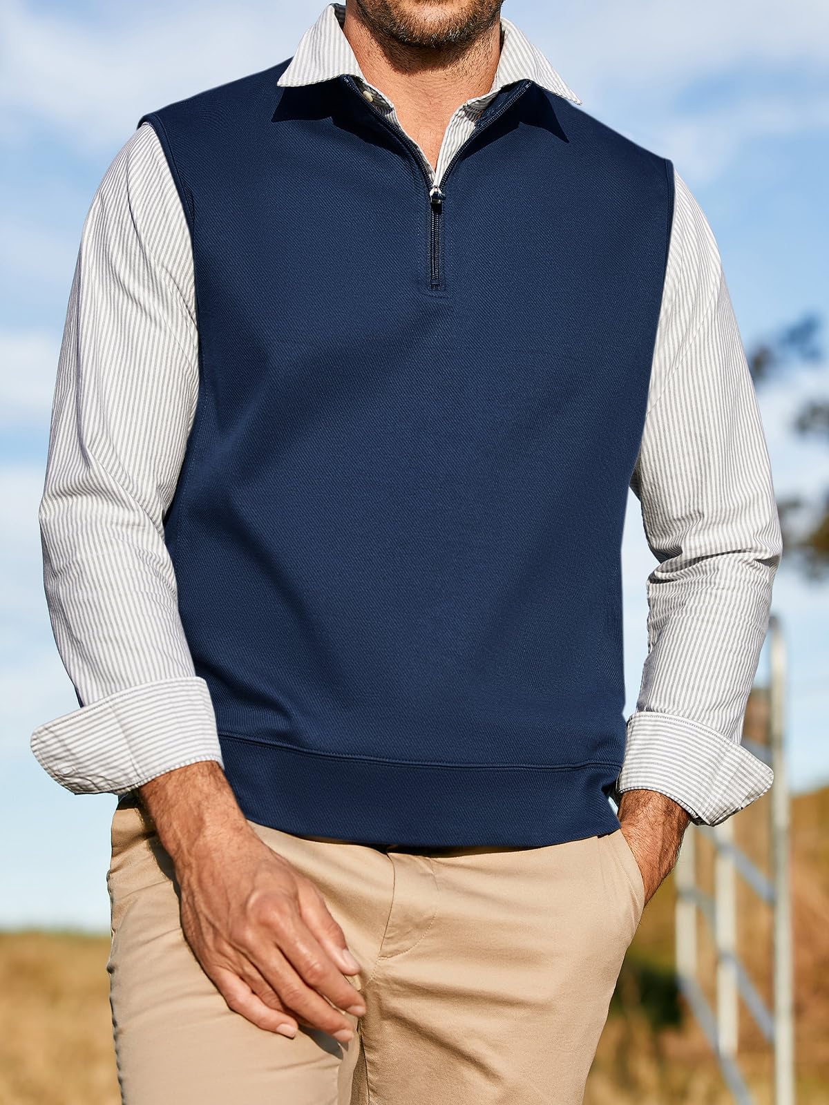 Mens Zipped Sleeveless Pullover Quarter Golf Stand Collar Casual Vest Outerwear