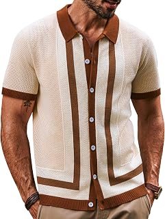 PJ PAUL JONES Mens Vintage Geometric Pattern Striped Knit Casual Polo Shirt