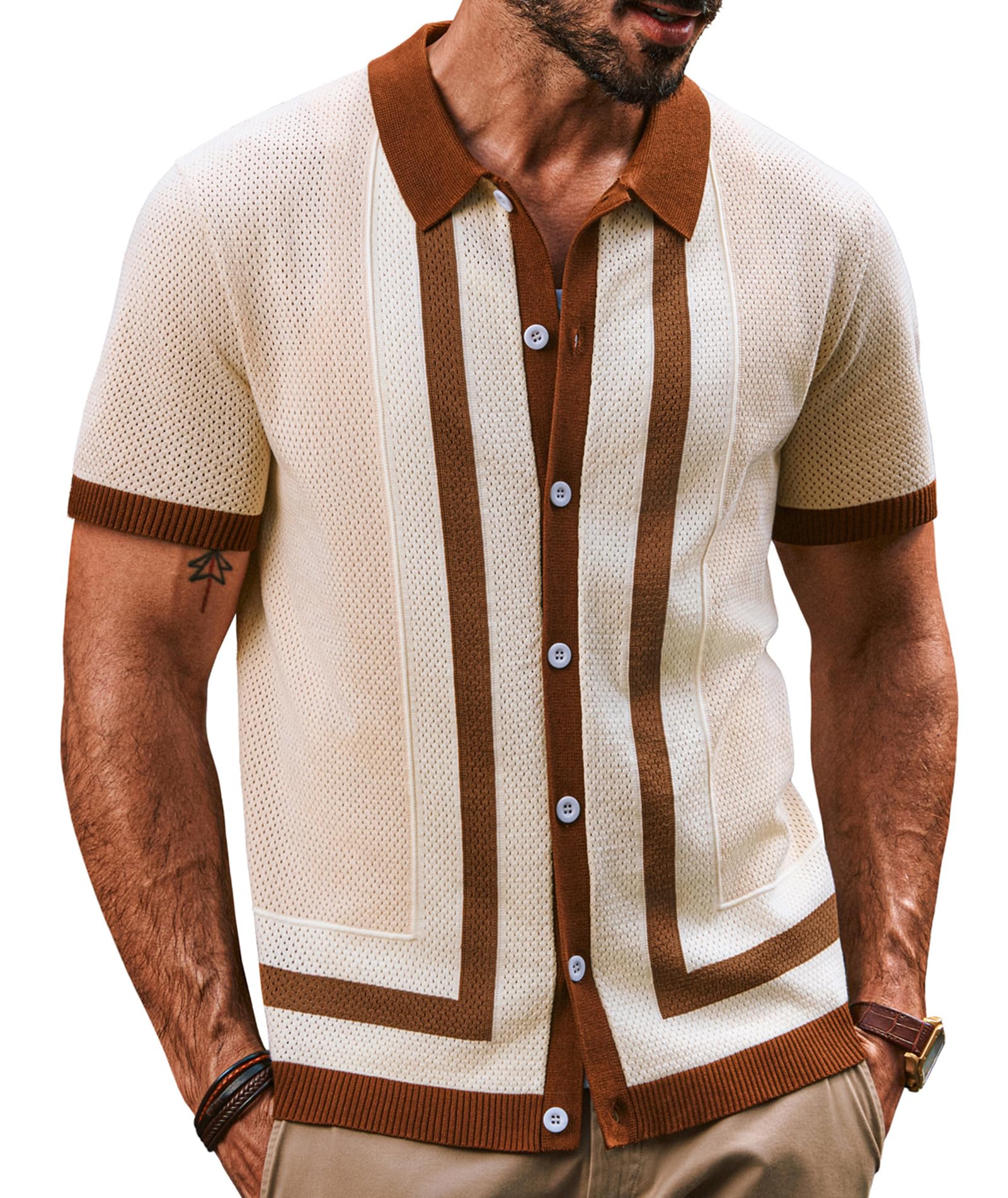 PJ PAUL JONES Mens Vintage Geometric Pattern Striped Knit Casual Polo Shirt