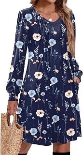 Zeagoo Vestidos de otoño para mujer, manga larga, casual, plisado, cuello en V, vestido de túnica acampanado, 2026