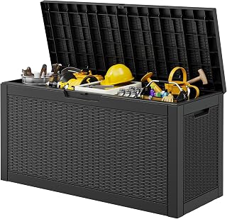 WTFGO Outdoor Storage Box Waterproof, 80 Gallon Deck Box for Patio Storage | Rattan Black Resin Outside Storage Box, Lockable Storage Bin for Patio Cushion, Garden Tool, Pool Supply, Package Delivery