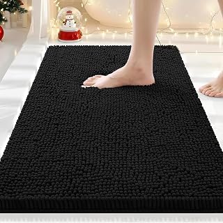 OLANLY Luxury Chenille Bath Mat，Extra Soft Fluffy and Absorbent Bathroom Mat, Non-Slip Plush Thick Bathroom Carpet, Machine Wash Dry, Bath Rug for Bathroom Floor, Tub and Shower, 24" x 16", Black