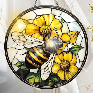 Colorful Acrylic Sun Catcher, Bee Hanging Window Decoration, Stained Glass Style Design Suncatcher, Rainbow Maker Wall Art, Gift Ideas & Garden Ornament Indoor Outdoor Use 7.85 x 7.8 Inches