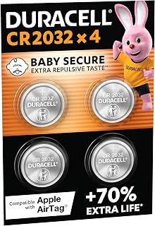 DURACELL 2032 Lithium Button Cell Batteries (Pack of 4) 3V, CR2032 | Up to 70% Extra Life - Baby Secure - For Apple AirTag, Remote Keys, Home, Sports & Medical Devices