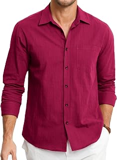 HISDERN Men's Linen and Cotton Shirts Long Sleeve Causal Buttons Regular Fit Summer Lightweight Beach Shirts with Pocket
