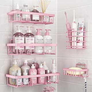 Liuoud 5 Pack Shower Caddy for Inside Shower, Pink Bathroom Decor Set | Large Rustproof Stainless Steel Organizer with Strong Adhesive, No Drilling Wall Shelves, Cute Girly Bathroom Accessories