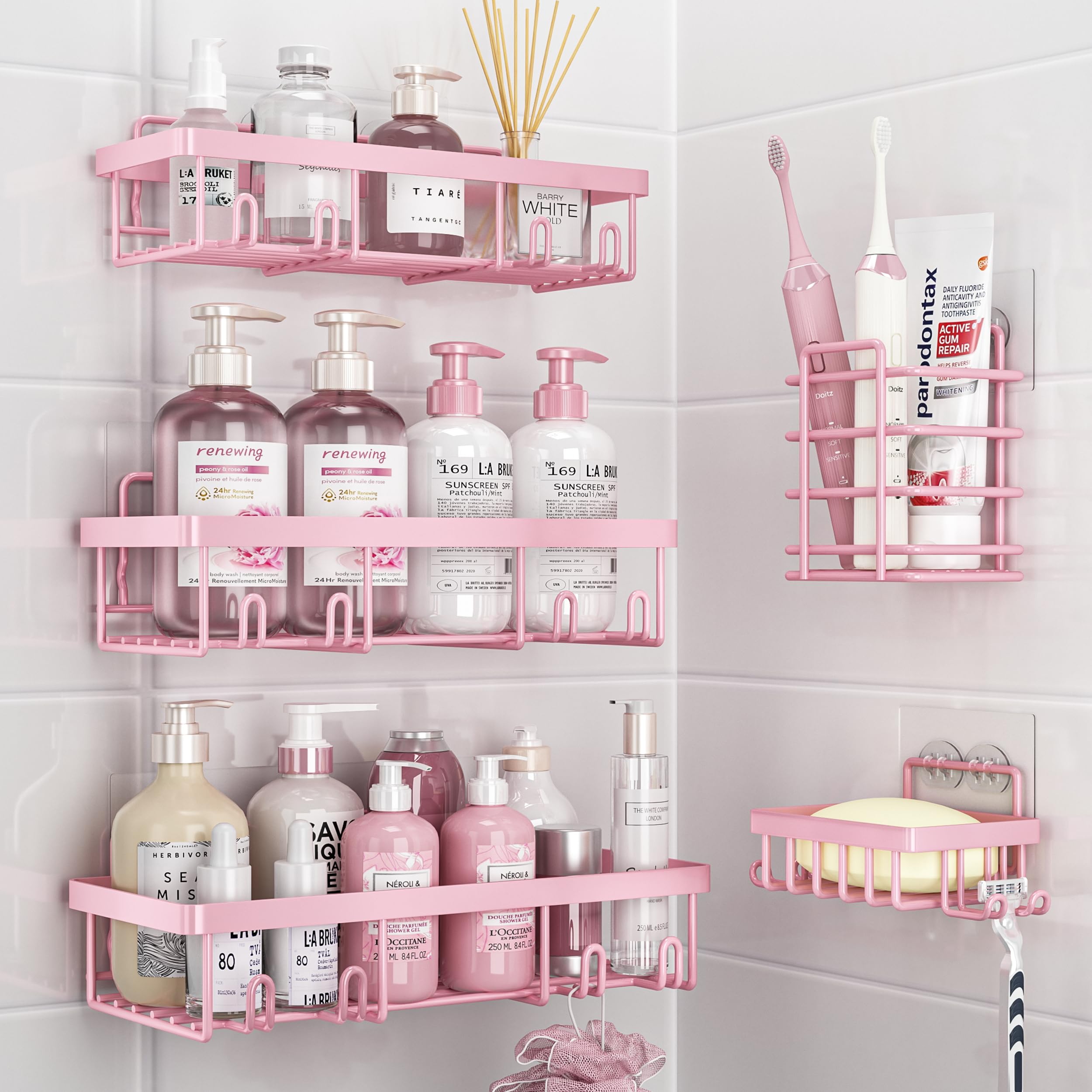 Liuoud 5 Pack Shower Caddy for Inside Shower, Pink Bathroom Decor Set | Large Ru