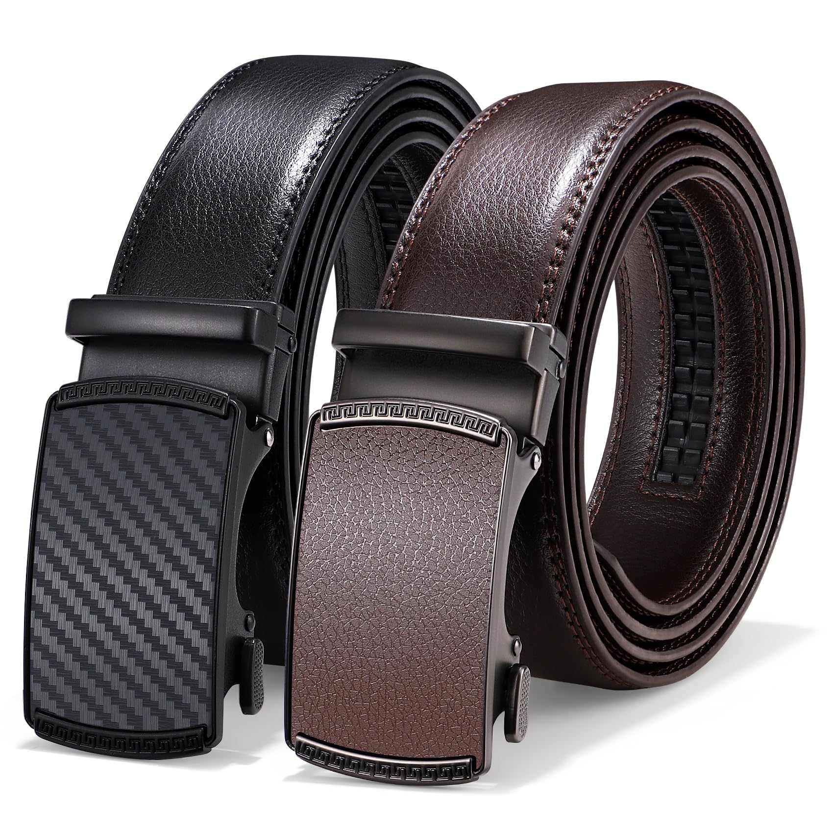 JASGOOD Men's Ratchet Belts 2 Pack Slid Adjustable Ratchet Dress Belt 1 3/8" Lea