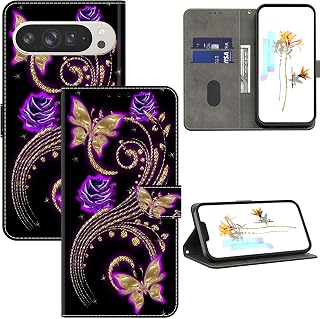 Case for Google Pixel 9 Pro XL Phone Case, Multi-Pattern PU Leather Wallet Flip Cover Case with [Standing Function] [Card Holder] [Wrist Strap] for Google Pixel 9 Pro XL -Purple Flowers