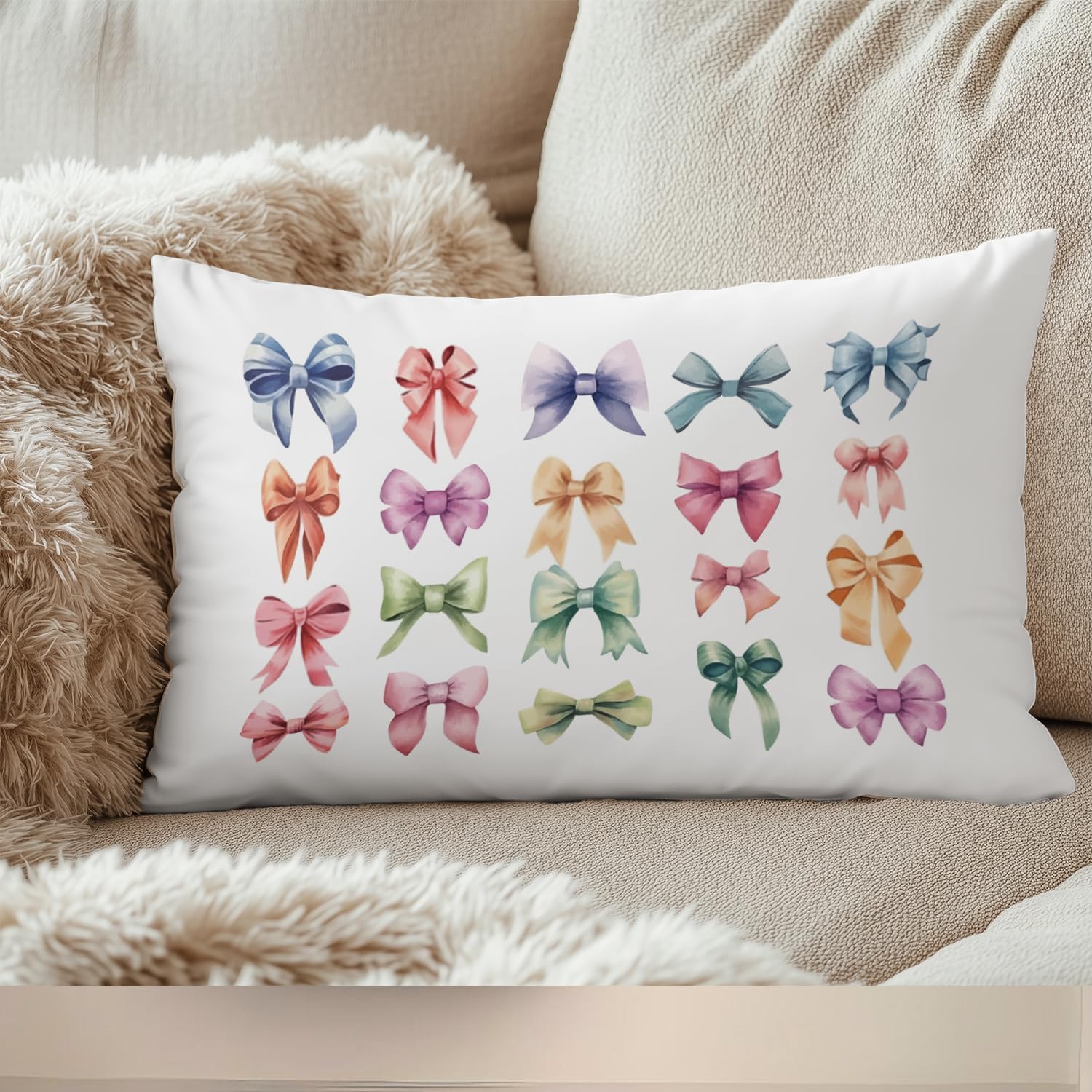 Coquette Colorful Bow Throw Pillow Case Cushion Cover 30x50cm Decor for Bedroom 