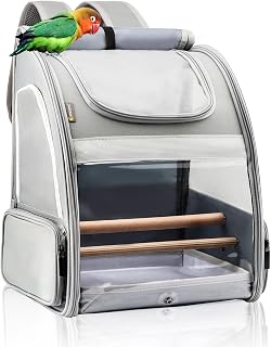 Texsens Bird Carrier Backpack - Pet Travel Cage with Upgraded Tray and Standing Perches, Breathable & Portable, for Small Birds, Green Cheek, Cockatiel, Parrot (Grey)