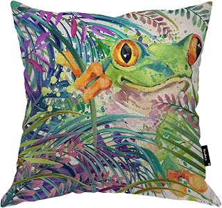 Green Frog Cushion Cover 18x18 Inches Cute Tropical Forest Frog Palm Tree Decorative Cotton Linen Throw Pillow Case for Bedroom Home Dorm Car