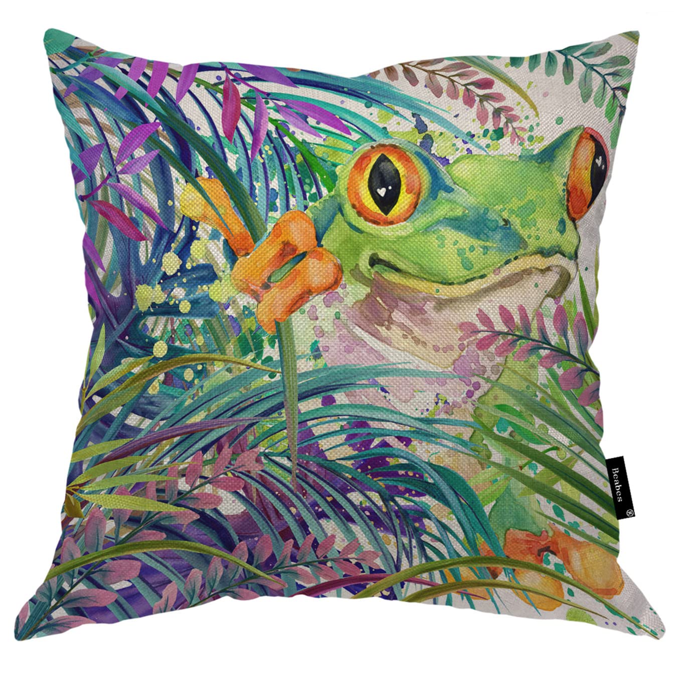 Green Frog Cushion Cover 18x18 Inches Cute Tropical Forest Frog Palm Tree Decora