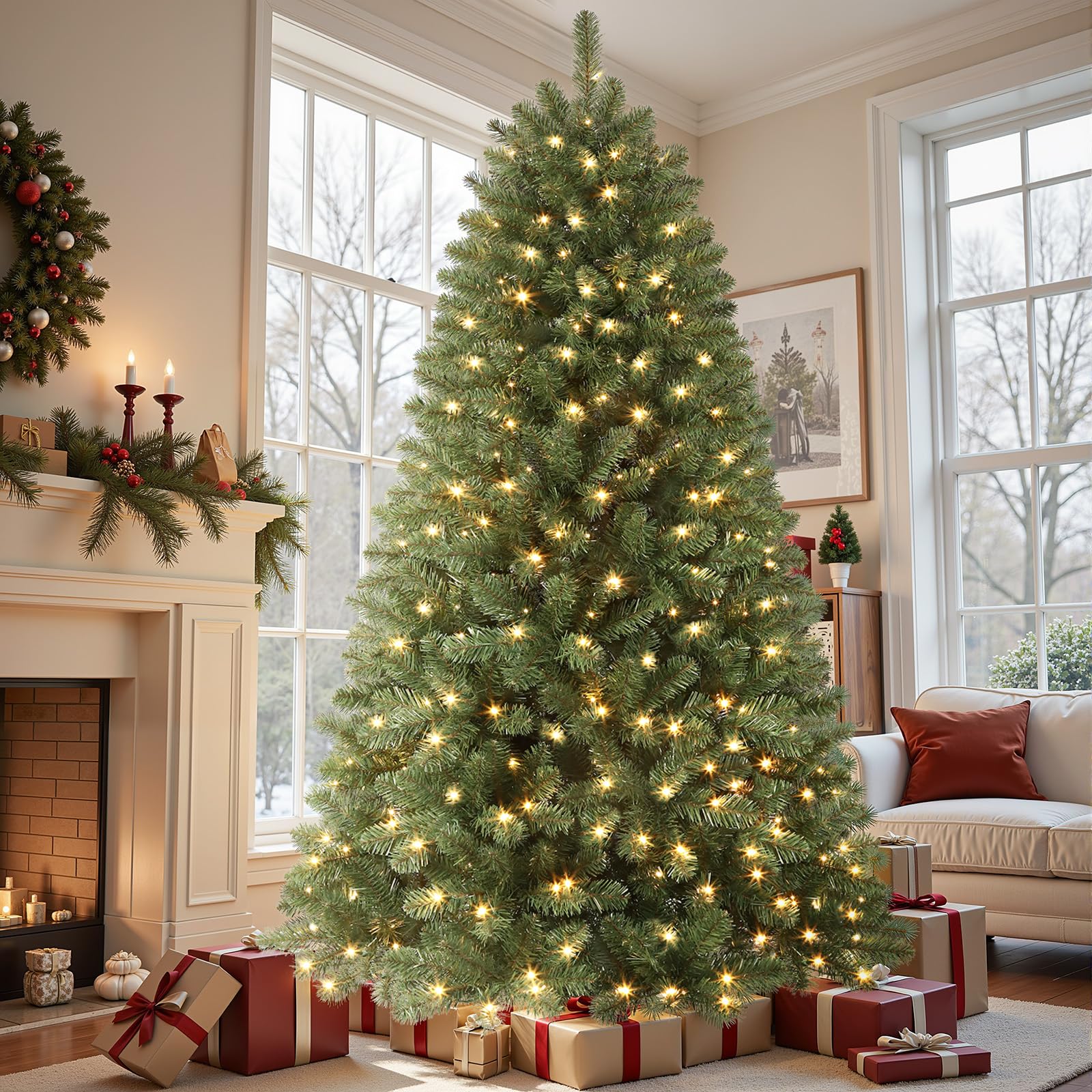 SHareconn 7ft Prelit Artificial Classic Spruce Christmas Tree | with Pre-lit 300